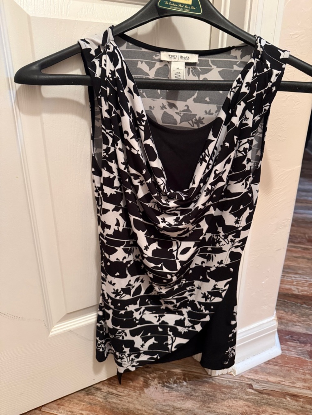 White House Black Market Black & White Floral Draped Shell